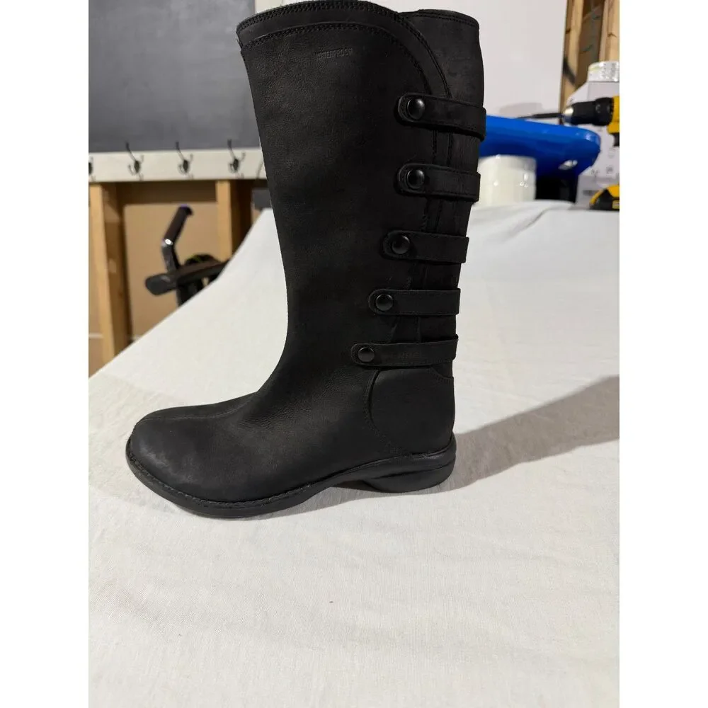 Merrell Womens 6 Black Nubuck Leather Waterproof Tall Boots Side Zip Snap Strap